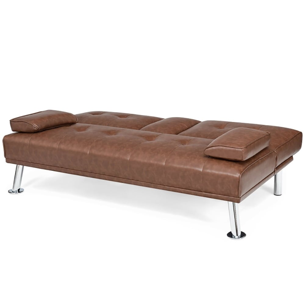 Hommoo Loveseat Sofa, Modern Couch, Convertible Folding Leather Futon Sofa with Cup Holders and Armrests-Brown Image 4