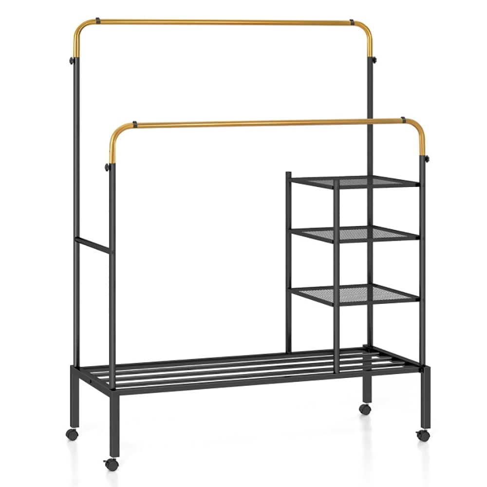 Hommoo Rolling Double Rods Garment Rack with Height Adjustable Hanging Bars-Golden, Entryway Hat, Coat, and Shoe Image 1