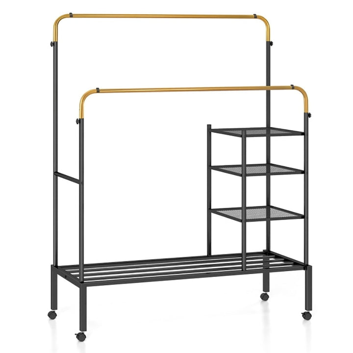 Hommoo Rolling Double Rods Garment Rack with Height Adjustable Hanging Bars-Golden, Entryway Hat, Coat, and Shoe Image 1