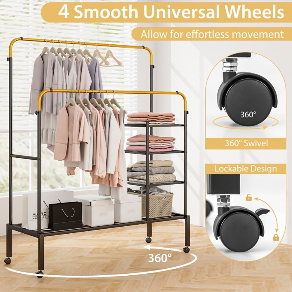 Hommoo Rolling Double Rods Garment Rack with Height Adjustable Hanging Bars-Golden, Entryway Hat, Coat, and Shoe Image 2