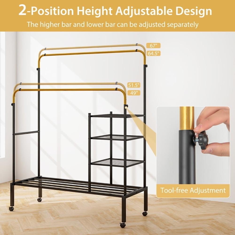 Hommoo Rolling Double Rods Garment Rack with Height Adjustable Hanging Bars-Golden, Entryway Hat, Coat, and Shoe Image 5