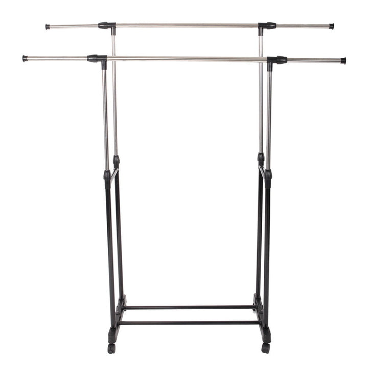 Hommoo Dual-bar Vertical and Horizontal Stretching Stand Clothes Rack with Shoe Shelves Organizer - Black and Silver Image 2