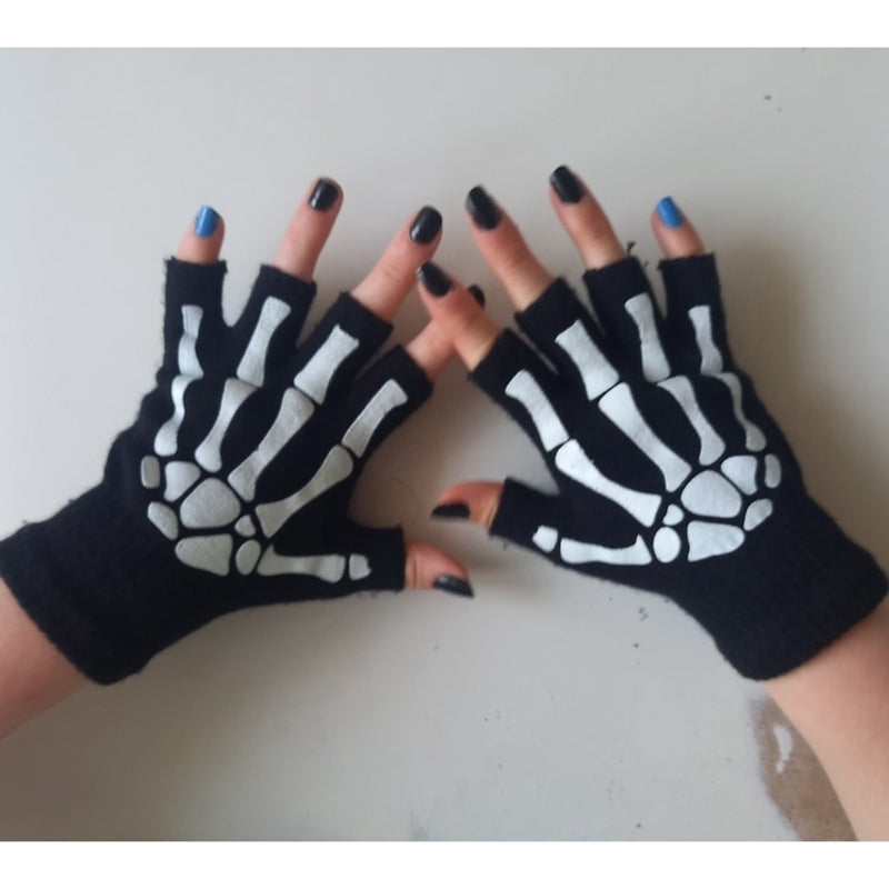 Punk Gloves Unisex Halloween Skeleton Skull Half Finger Gloves Glow In The Dark Fingerless Stretch Knitted Winter Image 2