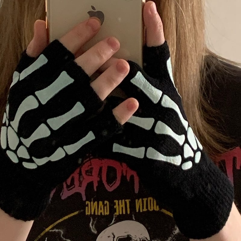 Punk Gloves Unisex Halloween Skeleton Skull Half Finger Gloves Glow In The Dark Fingerless Stretch Knitted Winter Image 4