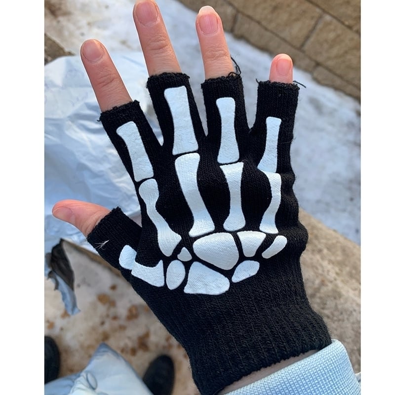 Punk Gloves Unisex Halloween Skeleton Skull Half Finger Gloves Glow In The Dark Fingerless Stretch Knitted Winter Image 6