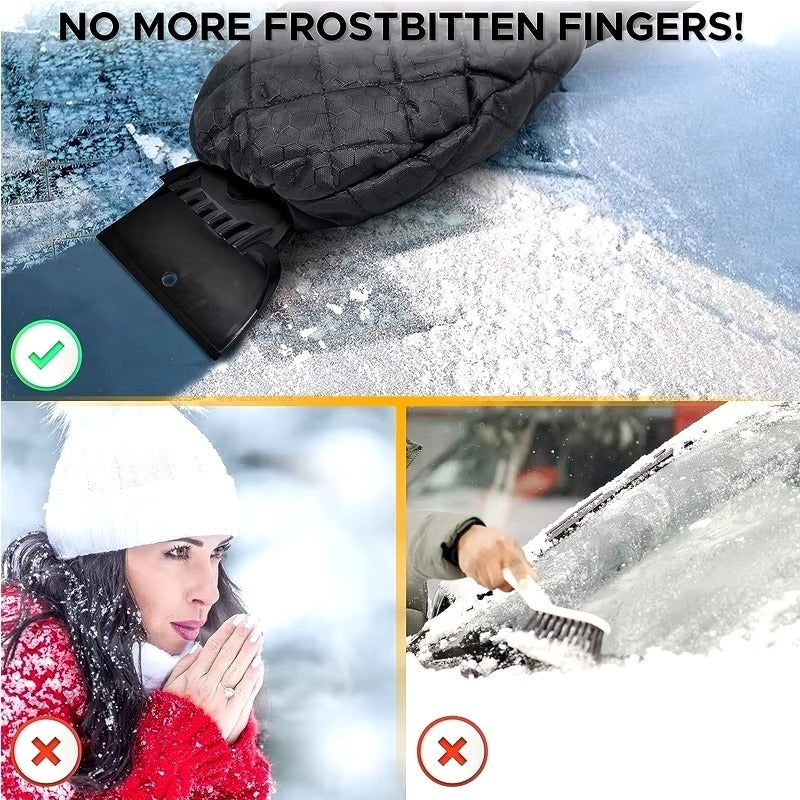 Car Windshield Ice Scraper Mitt Waterproof Snow Shovel Brush With Warm Gloves Image 2