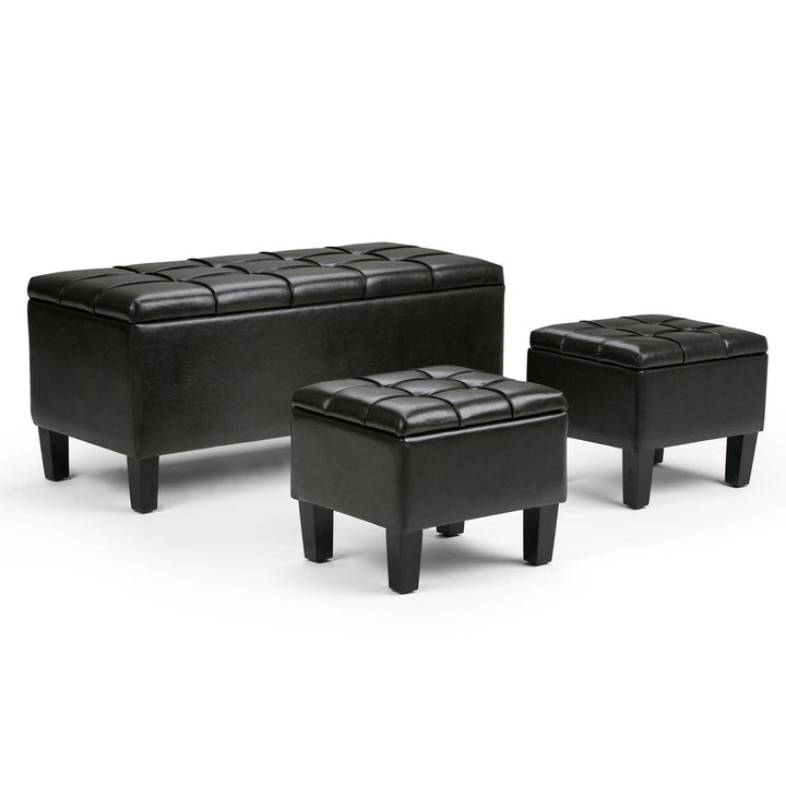 Dover 3 Pc Storage Ottoman Set Vegan Leather Upholstered Rectangular Design Image 1