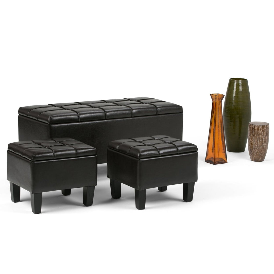 Dover 3 Pc Storage Ottoman Set Vegan Leather Upholstered Rectangular Design Image 4