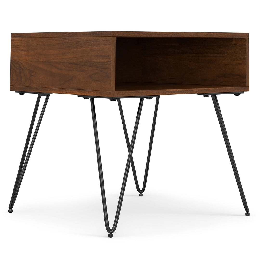 Hunter End Table Walnut Solid Mango Wood Metal Hairpin Legs 22in Industrial Design Image 1