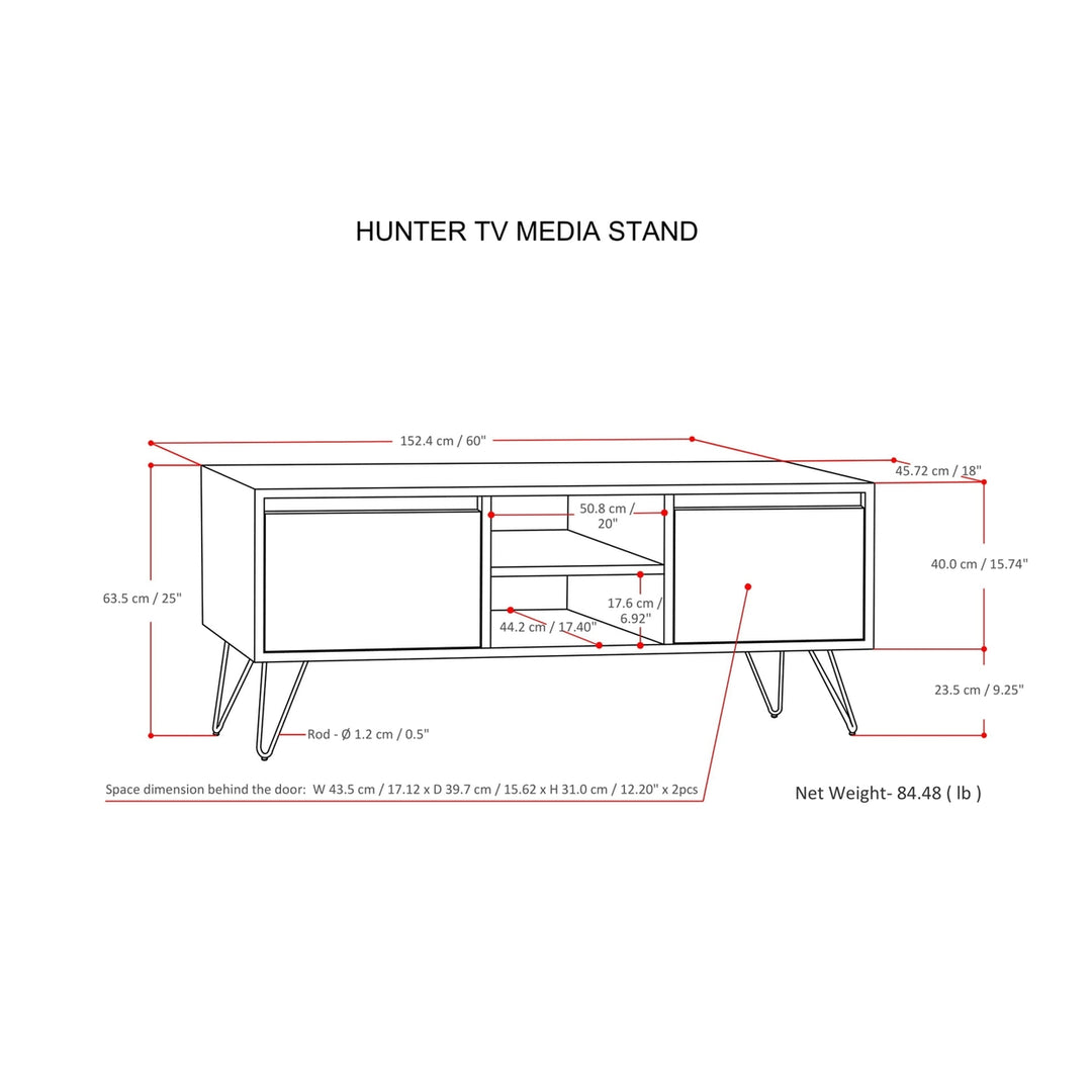 Hunter 60" TV Media Stand Walnut Solid Mango Wood with Metal Legs Adjustable Shelves Image 12