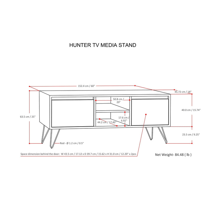 Hunter 60" TV Media Stand Walnut Solid Mango Wood with Metal Legs Adjustable Shelves Image 12