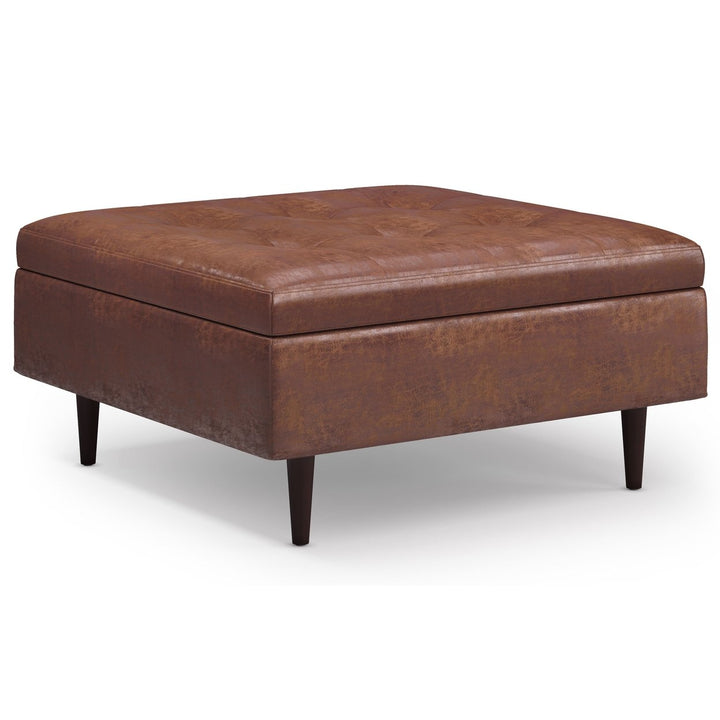 Shay Mid Century Square Coffee Table Storage Ottoman Distressed Brown Faux Leather Image 2