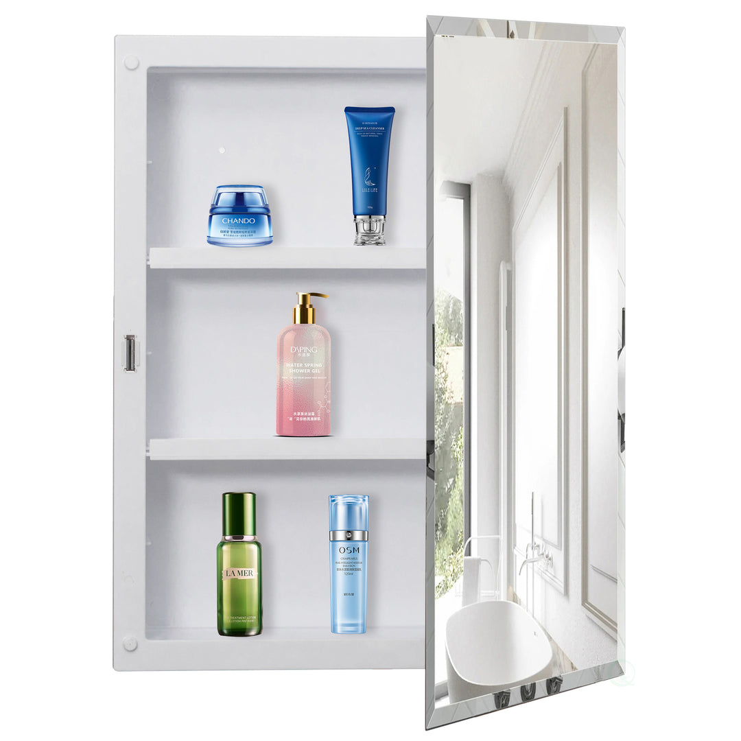 Single Door Multi-Purpose Plastic Bathroom Medicine Cabinet with Mirror, Surface or Recessed Mount, with 2 Plastic Image 1