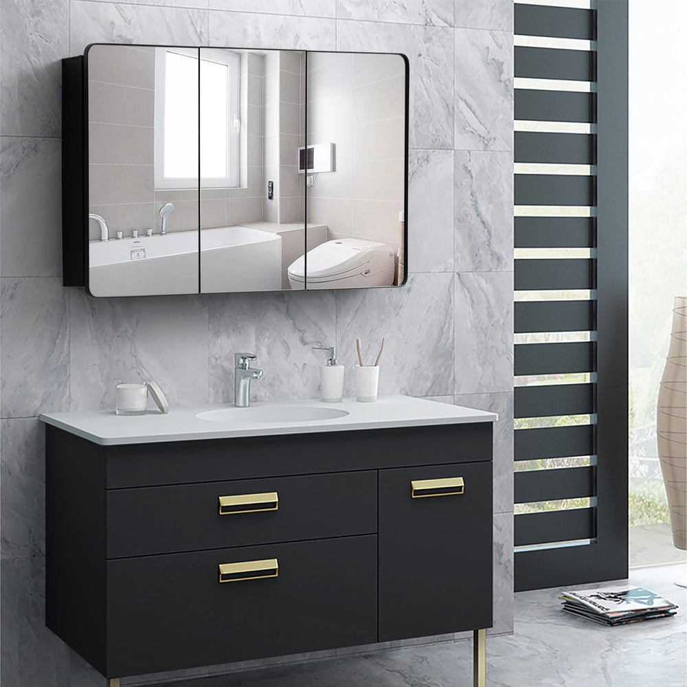 3-Door Aluminum Bathroom Medicine Cabinet, Recessed or Surface Mount, Mirrored Door Cabinet with Adjustable Glass Image 2