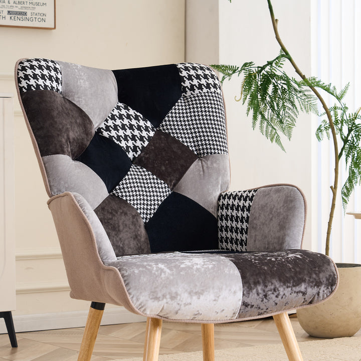 Patchwork Living Room Chair  Upholstered Cozy Comfy Mid Century Arm Chair with High Back Image 5