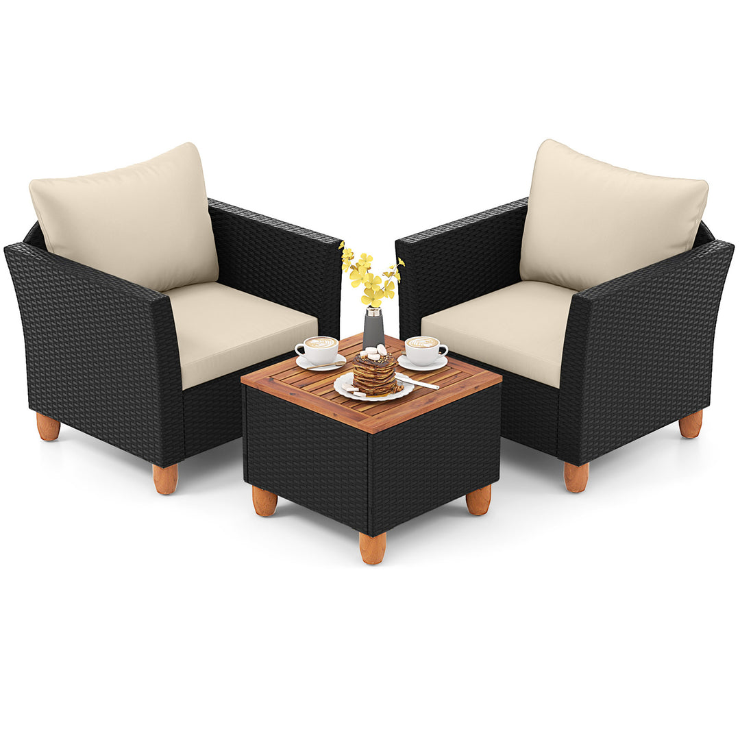 Costway 3 PCS Outdoor Patio Rattan Bistro Furniture Set Wooden Table Top Cushioned Sofa Black Brown Image 2