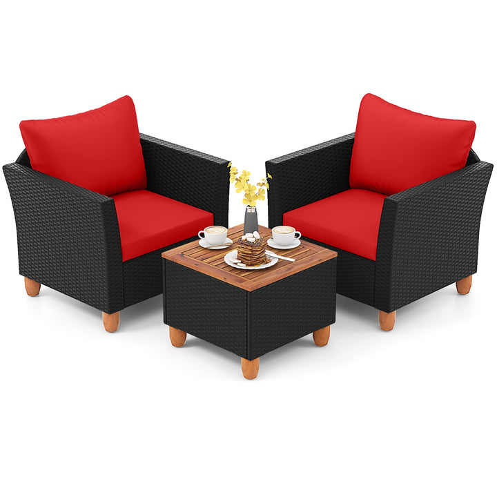 Costway 3 PCS Outdoor Patio Rattan Bistro Furniture Set Wooden Table Top Cushioned Sofa Black Brown Image 3