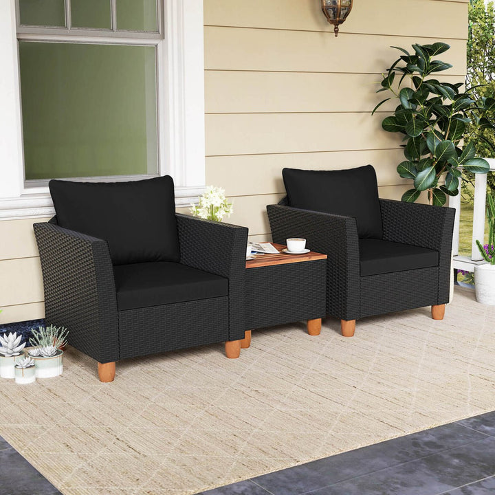 Costway 3 PCS Outdoor Patio Rattan Bistro Furniture Set Wooden Table Top Cushioned Sofa Black Brown Image 1