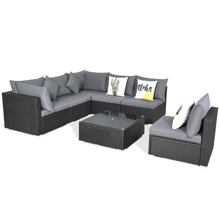 7PCS Patio Rattan Sofa Set Sectional Conversation Furniture Set Garden BeigeNavy Image 4