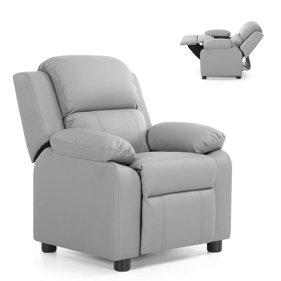 Deluxe Padded Kids Sofa Armchair Recliner Headrest Children w/ Storage Arms Gray Image 1