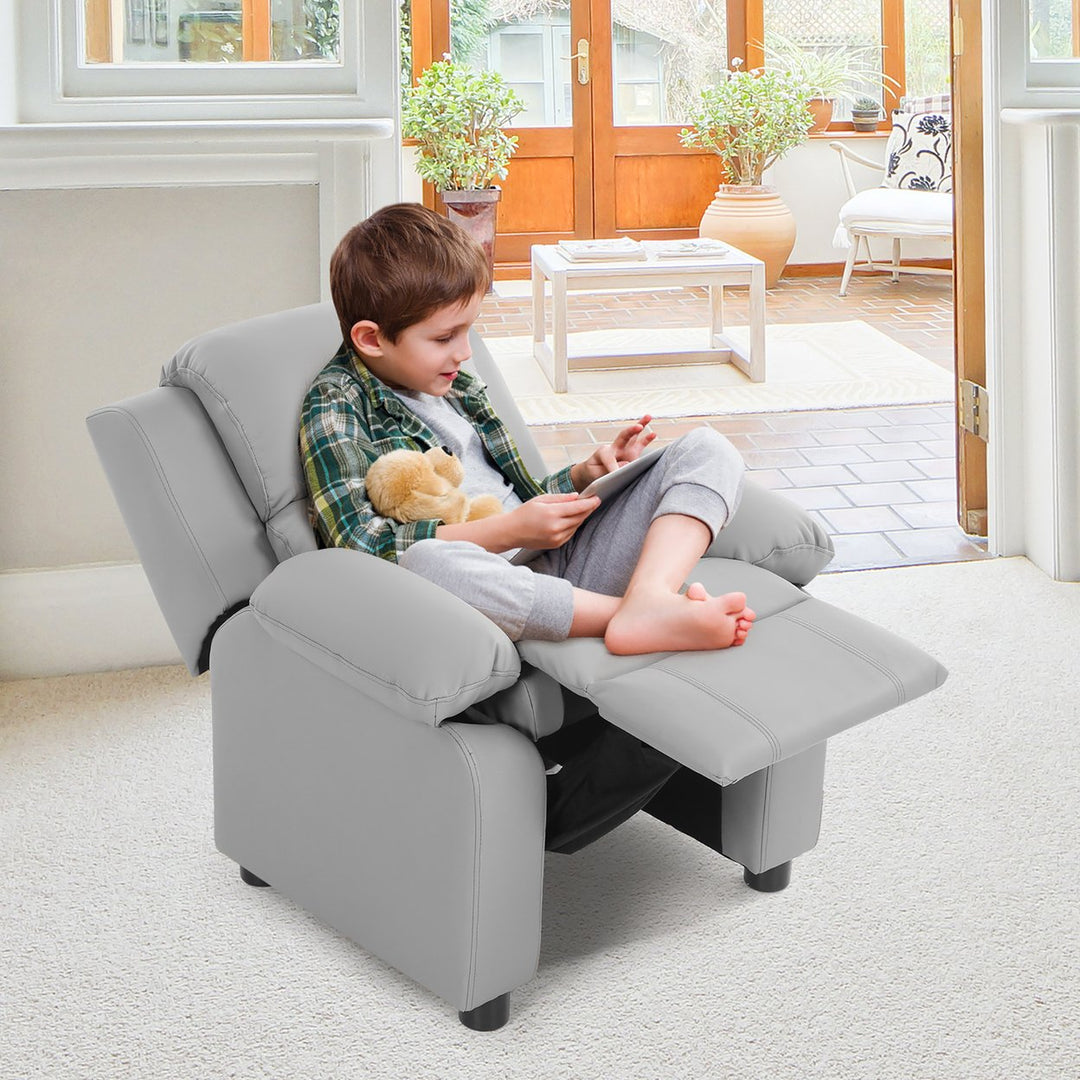 Deluxe Padded Kids Sofa Armchair Recliner Headrest Children w/ Storage Arms Gray Image 4