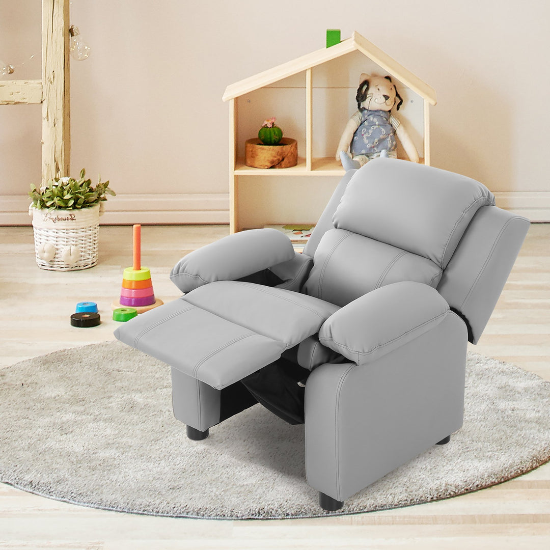 Deluxe Padded Kids Sofa Armchair Recliner Headrest Children w/ Storage Arms Gray Image 5