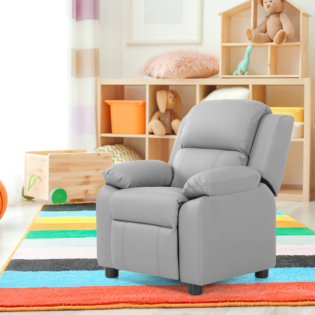 Deluxe Padded Kids Sofa Armchair Recliner Headrest Children w/ Storage Arms Gray Image 6