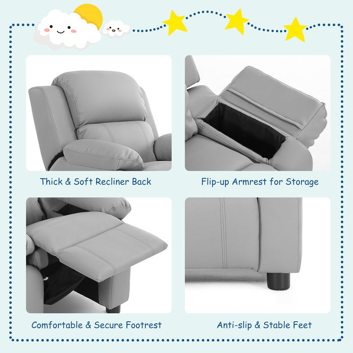 Deluxe Padded Kids Sofa Armchair Recliner Headrest Children w/ Storage Arms Gray Image 10