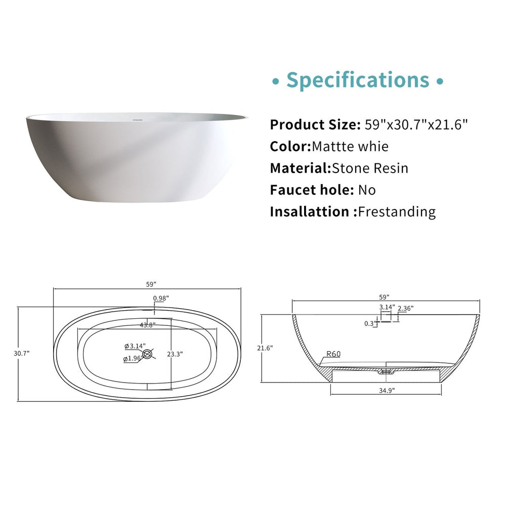 Exbrite 59 Solid Surface Matte Tub, Solid Surface Soaking Tub, Stone Resin Freestanding Bathtub,Pop-up Drain, Matte Image 2