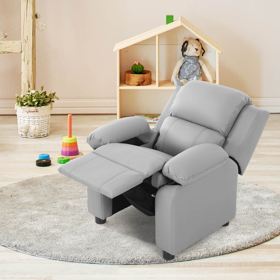 Deluxe Padded Kids Sofa Armchair Recliner Headrest Children w/ Storage Arms Gray Image 1