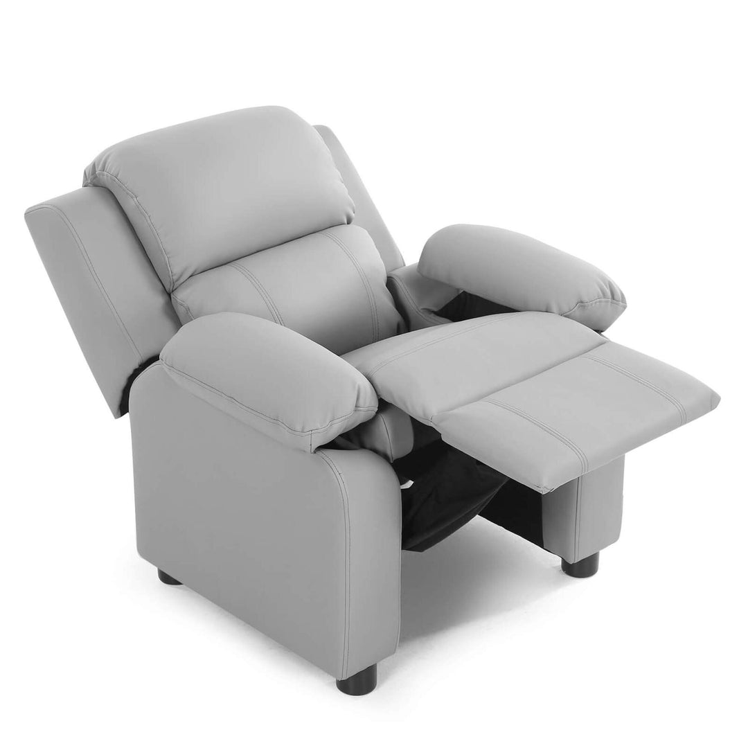 Deluxe Padded Kids Sofa Armchair Recliner Headrest Children w/ Storage Arms Gray Image 2