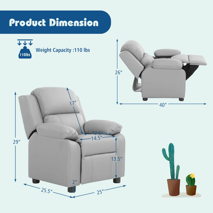 Deluxe Padded Kids Sofa Armchair Recliner Headrest Children w/ Storage Arms Gray Image 3