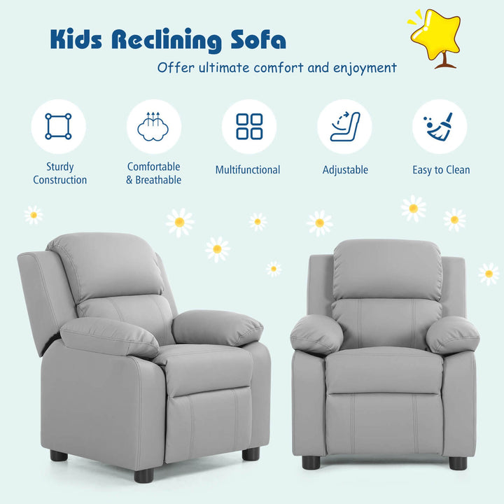 Deluxe Padded Kids Sofa Armchair Recliner Headrest Children w/ Storage Arms Gray Image 8