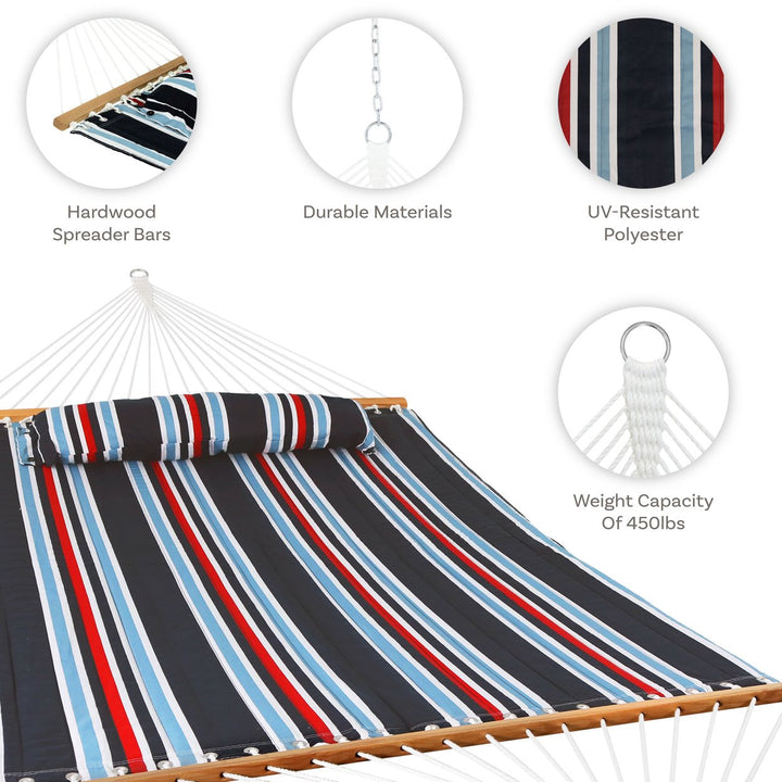 Sunnydaze Large Quilted Fabric Hammock with Spreader Bars - Nautical Stripe Image 2