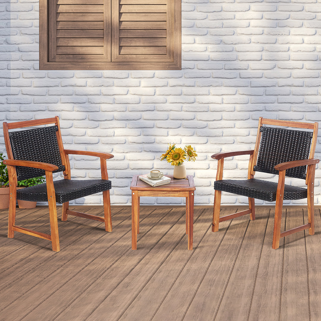 3PCS Patio Rattan Bistro Set Acacia Wood Frame Armrest Chairs Garden Image 1