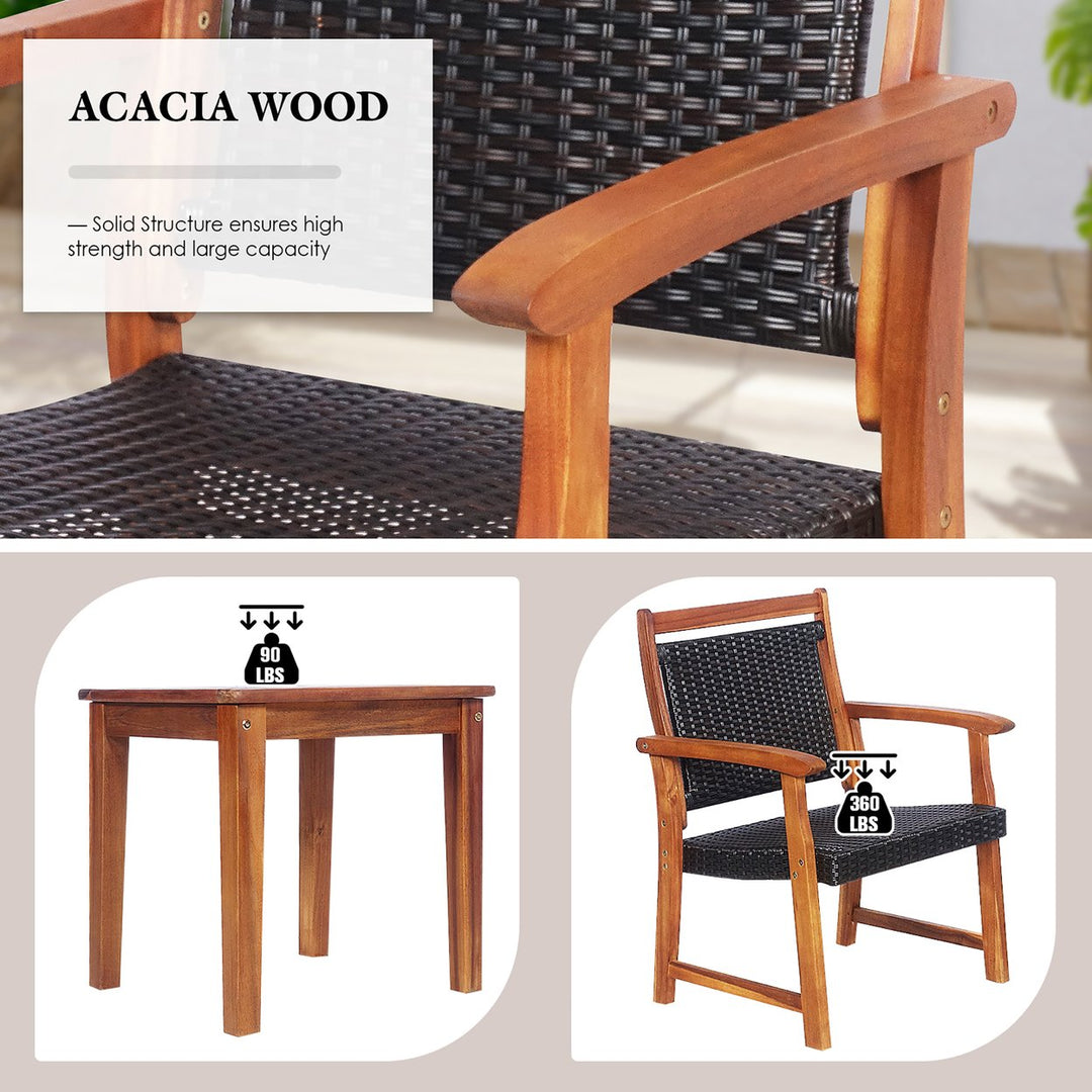 3PCS Patio Rattan Bistro Set Acacia Wood Frame Armrest Chairs Garden Image 6