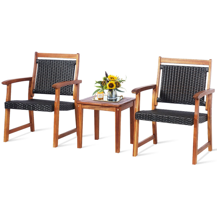 3PCS Patio Rattan Bistro Set Acacia Wood Frame Armrest Chairs Garden Image 9