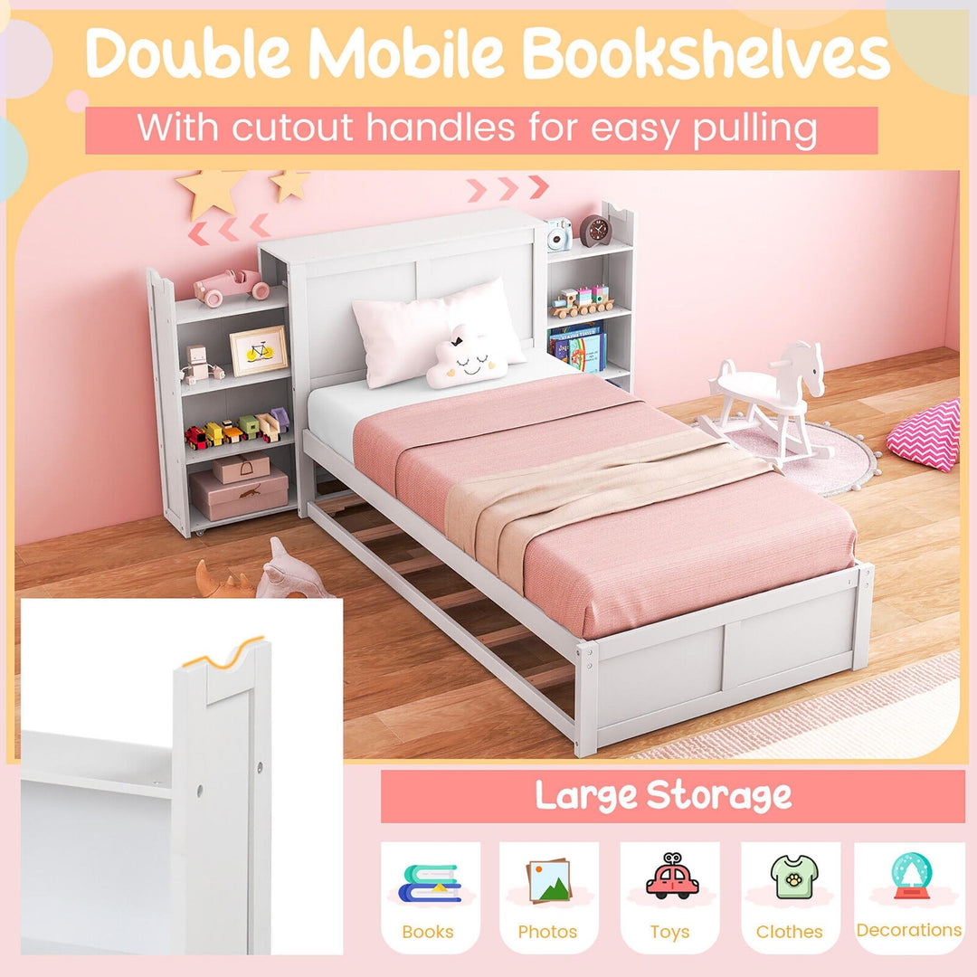 Full/Twin Wooden Platform Bed with Trundle Storage Headboard Pull Out Shelves White Image 2