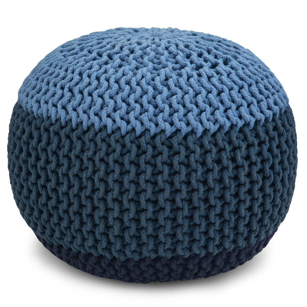 Nikki Hand Knit Round Pouf Cotton 20 Inch Accent Furniture Footrest Blue Beige Image 2