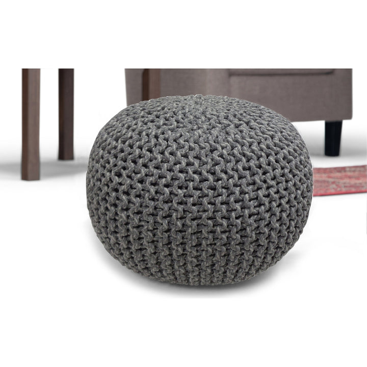 Nikki Hand Knit Round Pouf Cotton 20 Inch Accent Furniture Footrest Blue Beige Image 3