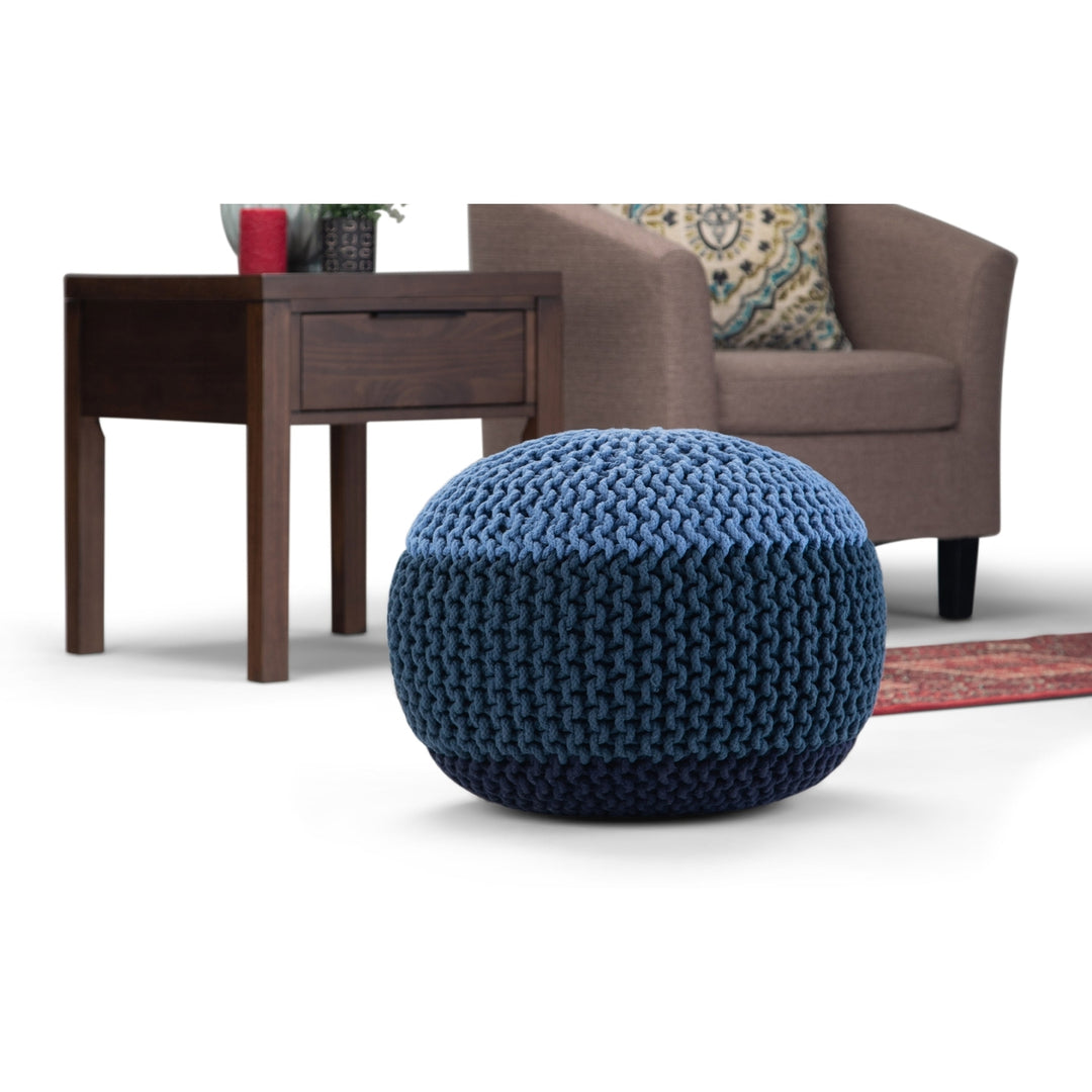 Nikki Hand Knit Round Pouf Cotton 20 Inch Accent Furniture Footrest Blue Beige Image 10