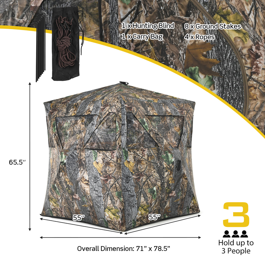 3 Person Portable Hunting Blind Pop-Up Ground Blind w/Tie-downs and Carrying Bag Image 3