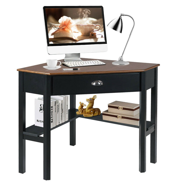 Corner Computer Desk Laptop Writing Table Workstation W/ Drawer and Shelves Brown/White/Gray Image 7