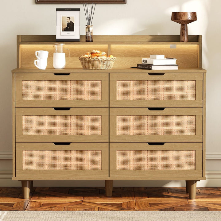 Hommoo Modern 6 Wide Drawer Long Dresser Chest of Drawers Wooden Dresser for Bedroom Brown Image 1