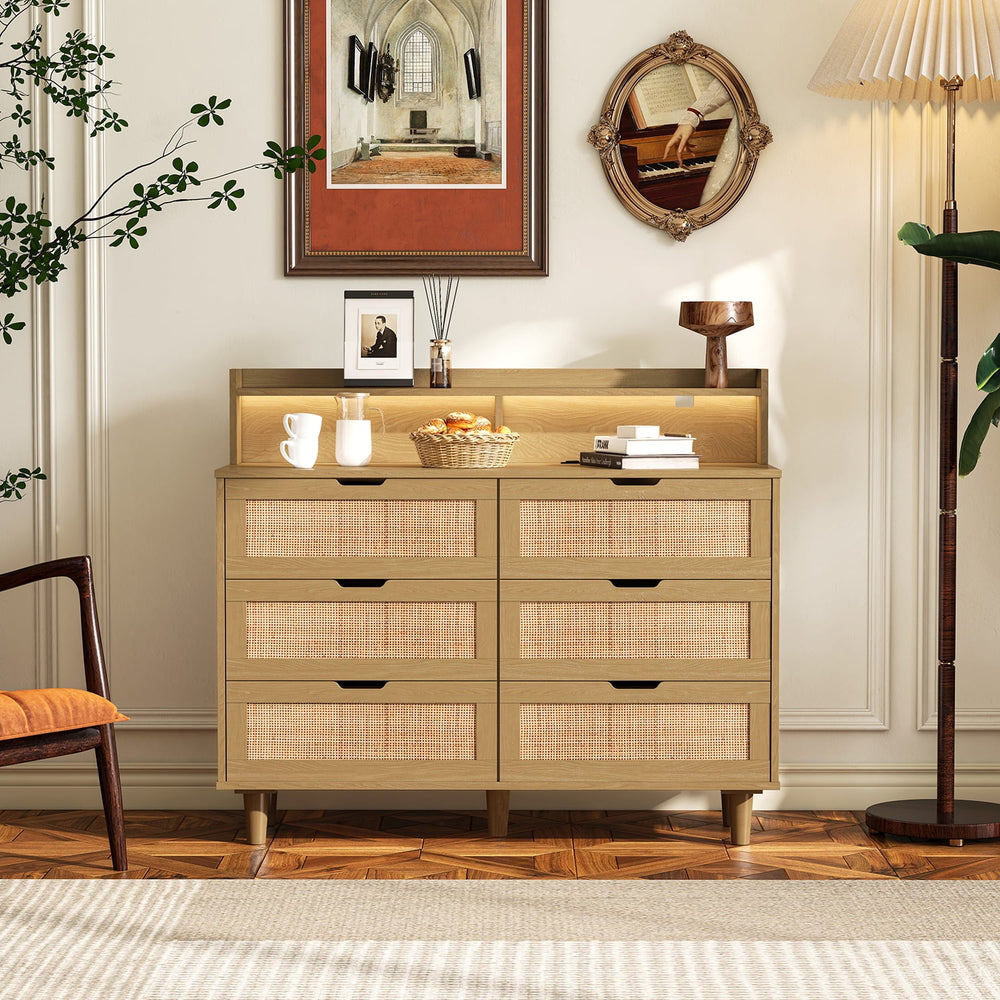 Hommoo Modern 6 Wide Drawer Long Dresser Chest of Drawers Wooden Dresser for Bedroom Brown Image 2