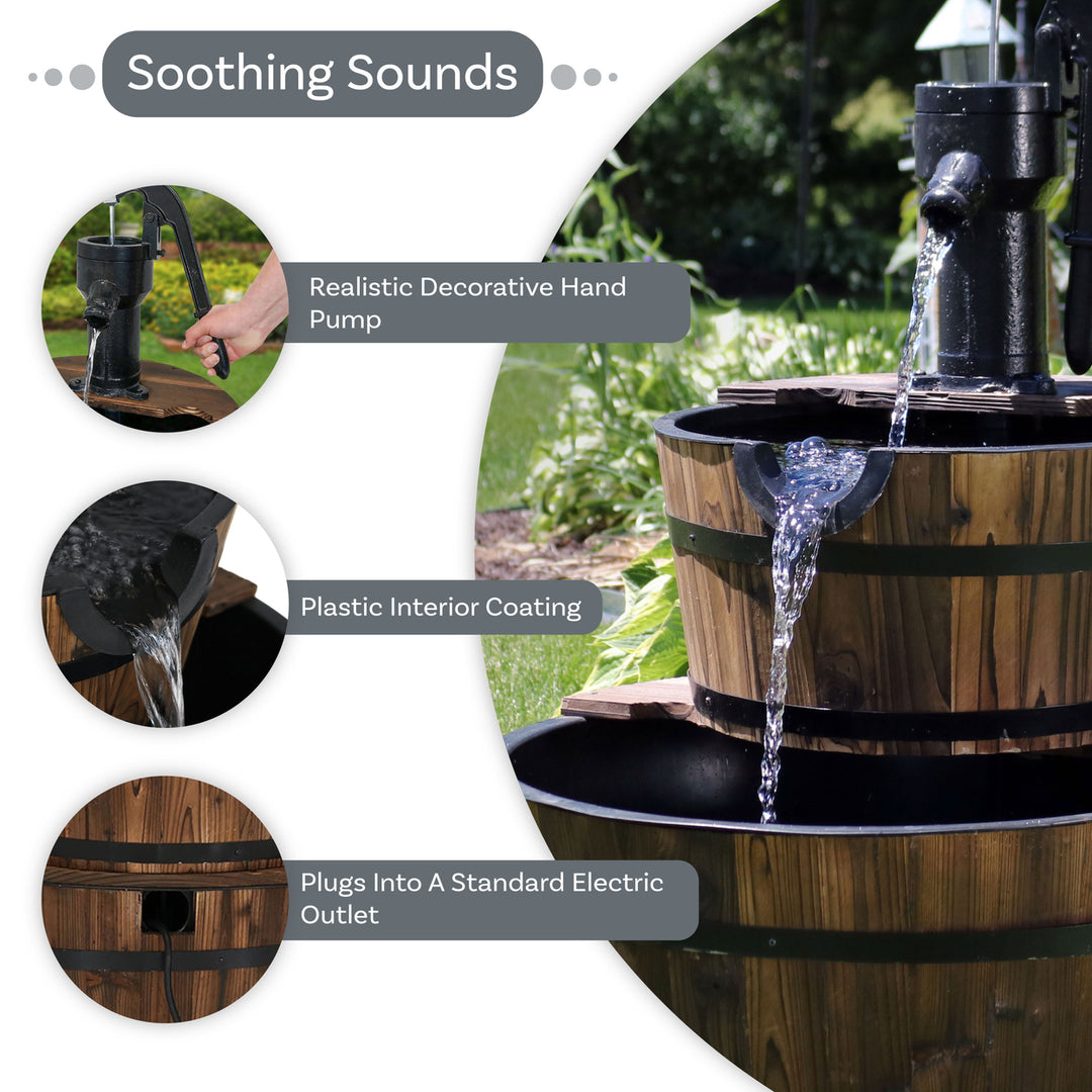 Sunnydaze Rustic 2-Tier Wood Barrel Water Fountain with Hand Pump - 34 in Image 2