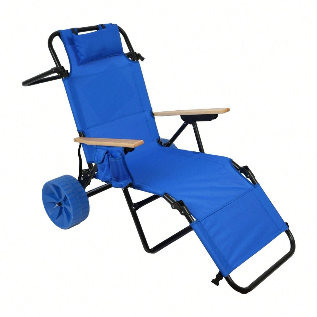 2 In 1 Foldable Beach Lounge Chair With Integrated Wagon Pull Cart Perfect For Backyard Pool Or Picnic Image 1