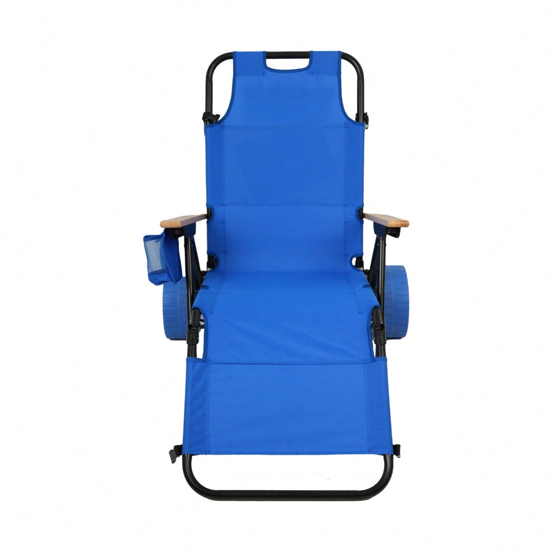 2 In 1 Foldable Beach Lounge Chair With Integrated Wagon Pull Cart Perfect For Backyard Pool Or Picnic Image 2