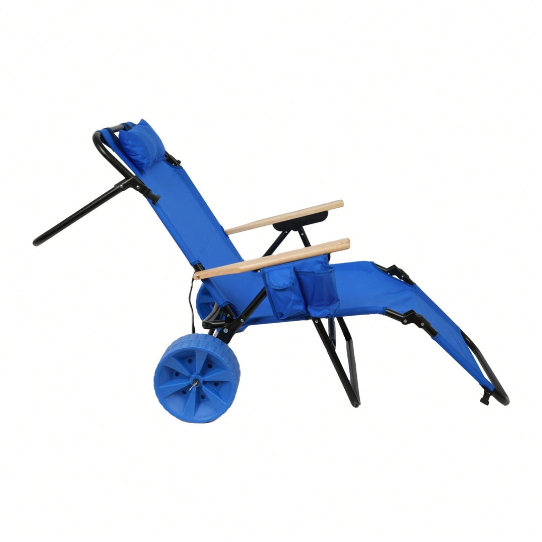 2 In 1 Foldable Beach Lounge Chair With Integrated Wagon Pull Cart Perfect For Backyard Pool Or Picnic Image 3