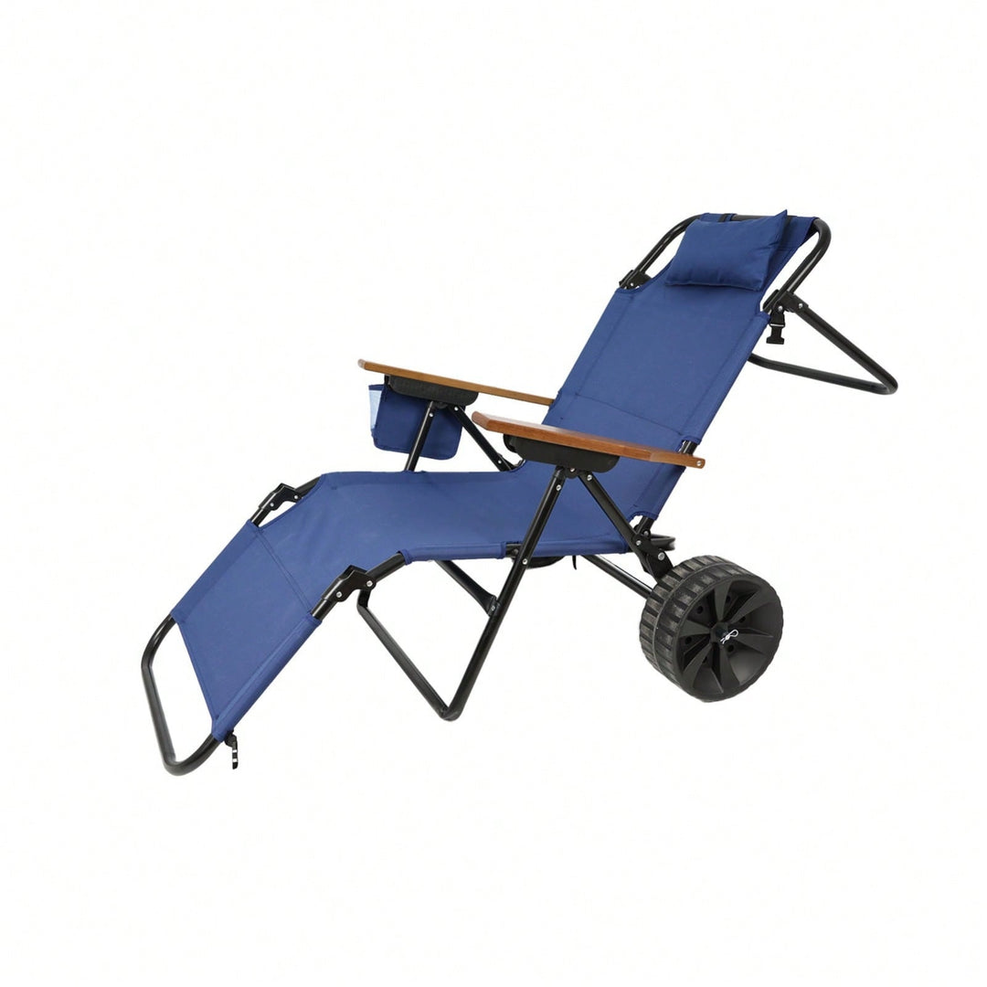 2 In 1 Foldable Beach Lounge Chair With Integrated Wagon Pull Cart Perfect For Backyard Pool Or Picnic Image 9